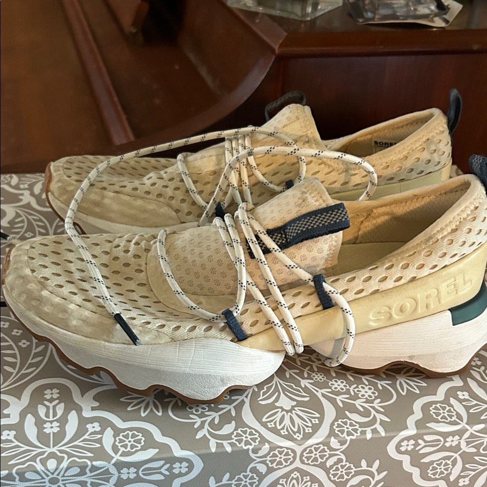 Sorel Women's Beige Mesh Slip-On Sneakers with Navy Accents